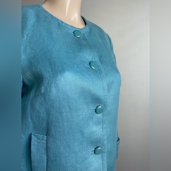 TALBOTS Teal Linen 3/4 Sleeve Blazer Collarless Career Feminine Retro 6 Petite - Picture 7 of 13